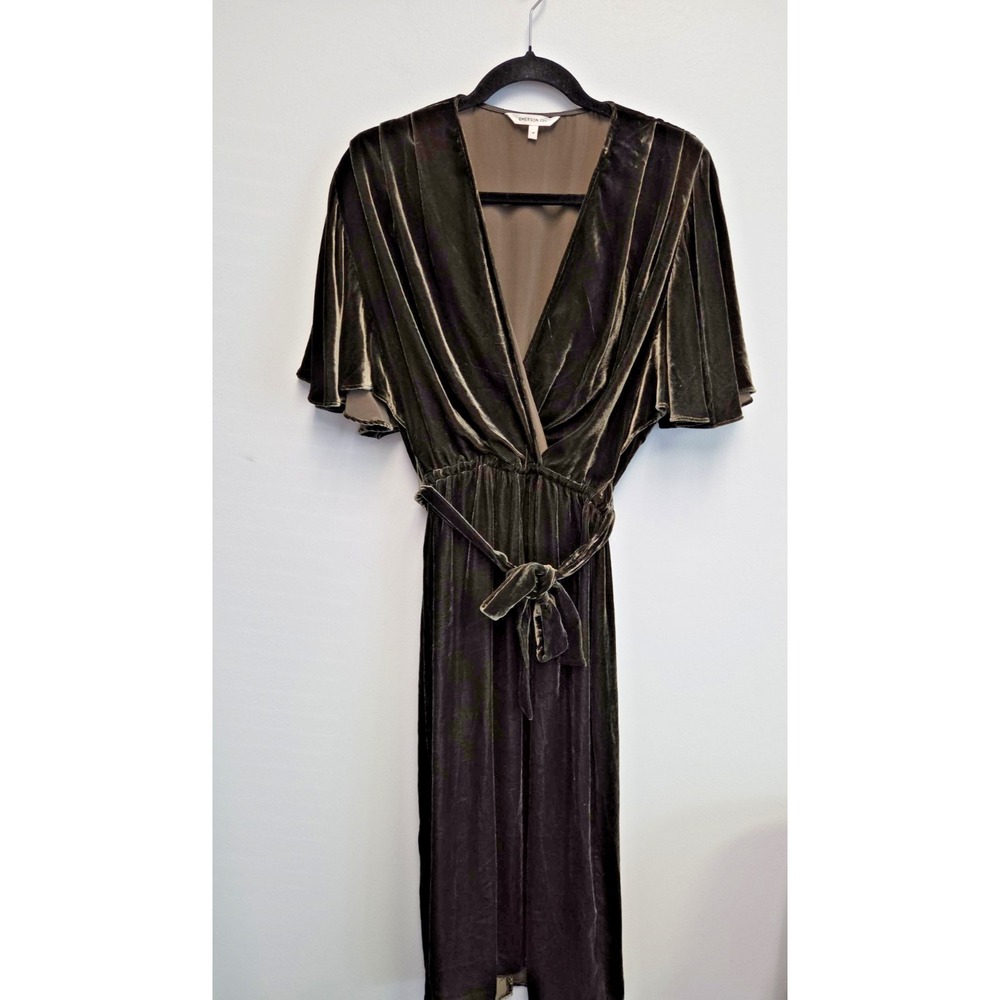 Emerson Fry Lila Velvet Silk Plunge Tie Waist Midi Dress Dark Olive Size M NWOT